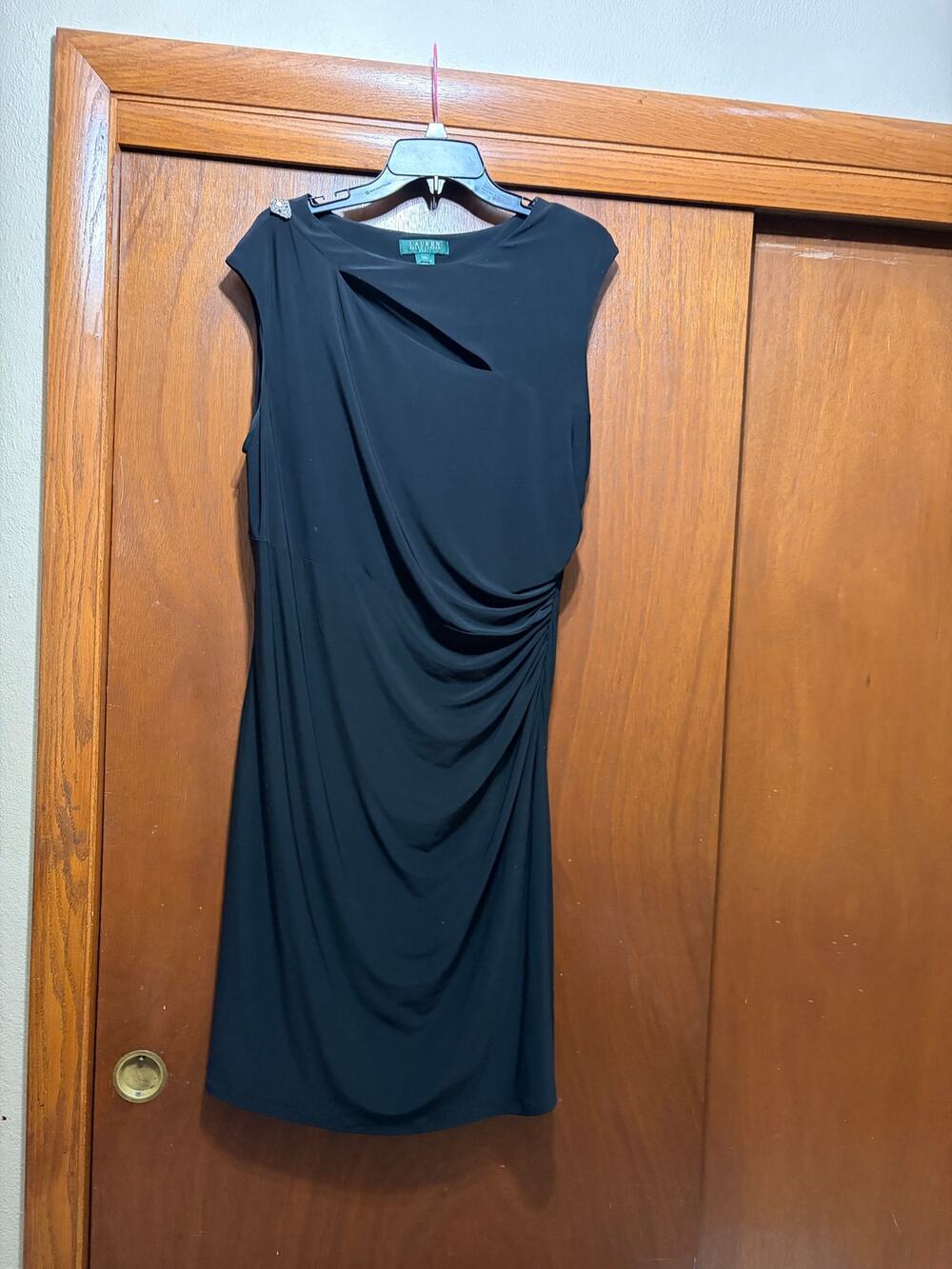 Lauren Ralph Lauren 14W Black Dress Rhinestone Shoulder Cutout Slit